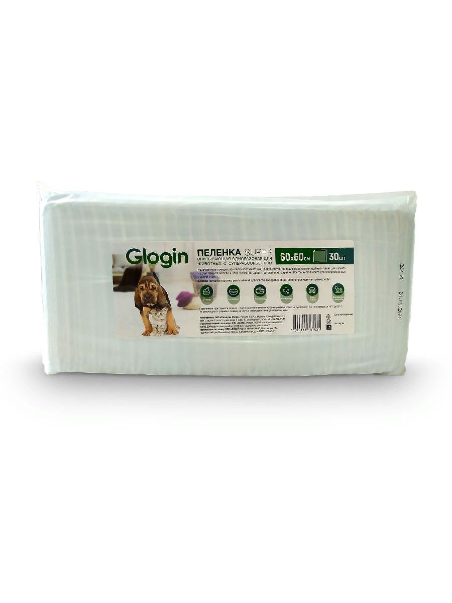 

Пелёнки Glogin Super для животных, одноразовые, впитывающие, с суперсорбентом 60x60см 30шт, Белый