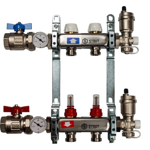 фото Распределительный коллектор stout sms с расходомерами на 2 контура 1"х3/4"