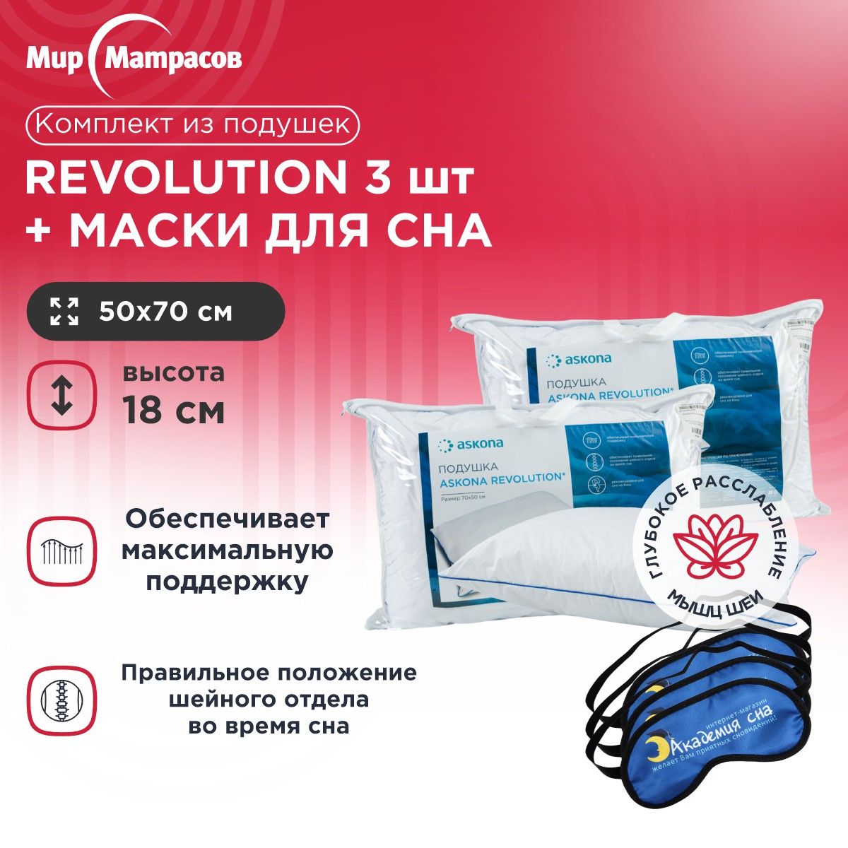 

Подушка анатомическая Мир Матрасов 050*070 Revolution 3 шт + Маска для сна(Лого) 3 шт, Белый, Revolution + Маска для сна(Лого)