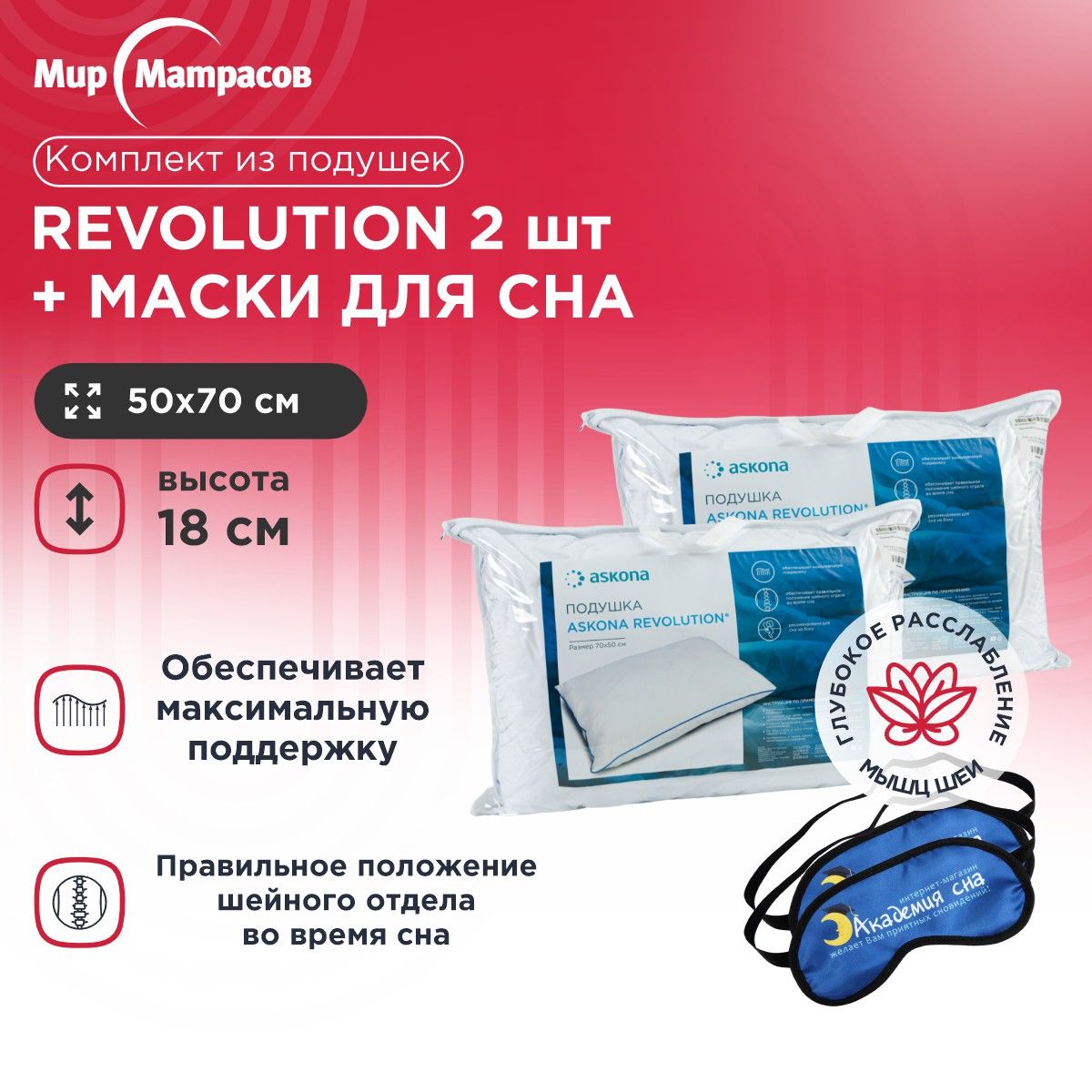 

Подушка анатомическая Мир Матрасов 050*070 Revolution 2 шт + Маска для сна(Лого) 2 шт, Белый, Revolution + Маска для сна(Лого)