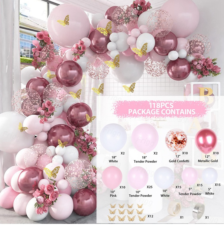 Набор воздушных шаров Розовые с бабочками, фотозона на день рождения, 118 шт арка для воздушных шаров и ов круглая 60 см