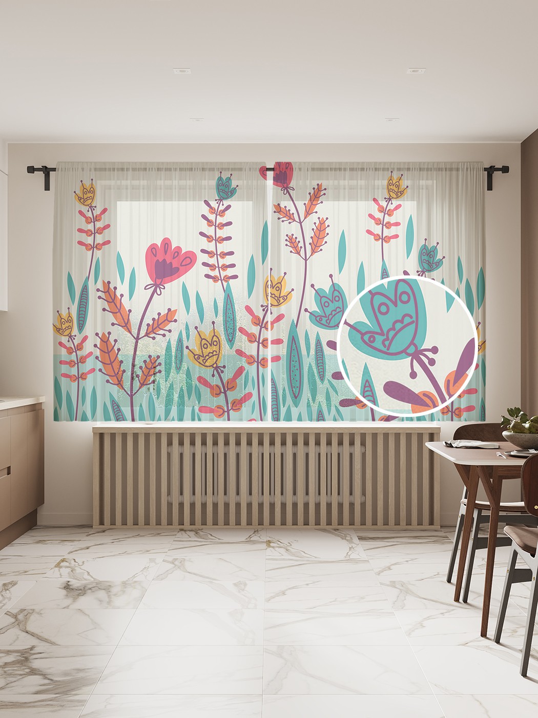 

Фототюль JoyArty "Цветочные каракули", 145x180см (2 полотна с лентой + 50 крючков), Цветочные каракули