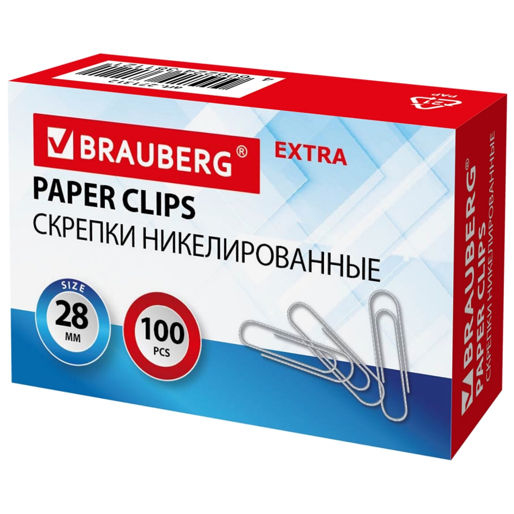 

Скрепки EXTRA BRAUBERG 28 мм никелированные 100 штук, 20 уп
