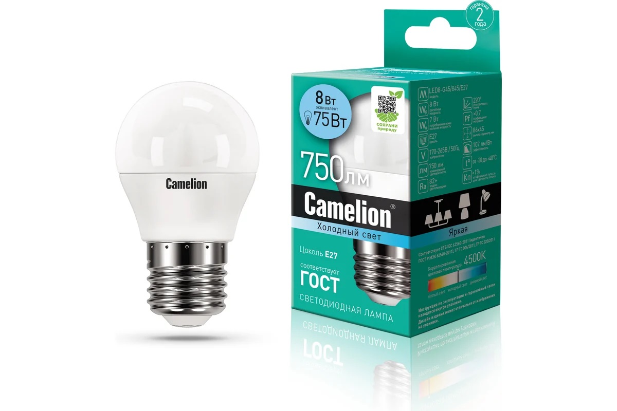 

Лампа светодиодная E27 G45 8W (75W) 220V холодный BasicPower CAMELION 1шт