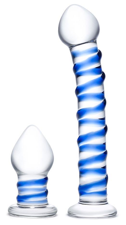 фото Набор из 2 стеклянных игрушек с синей спиралью glas swirly dildo buttplug set прозрачные