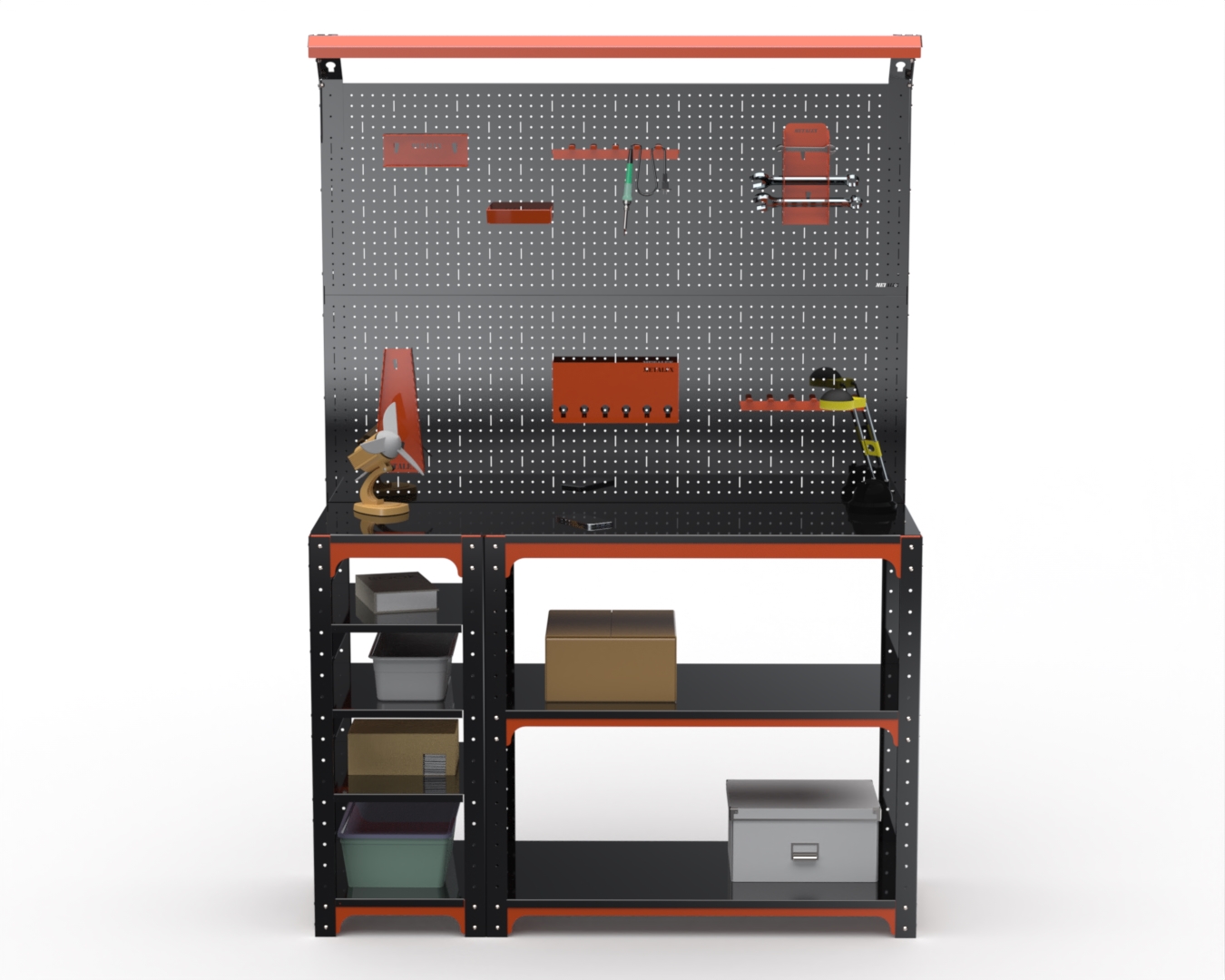 

Стол-верстак Metalex серия KIT 950х1400х500 с бок. полками, 2-мя панелями и комп. освещ., Оранжевый;черный