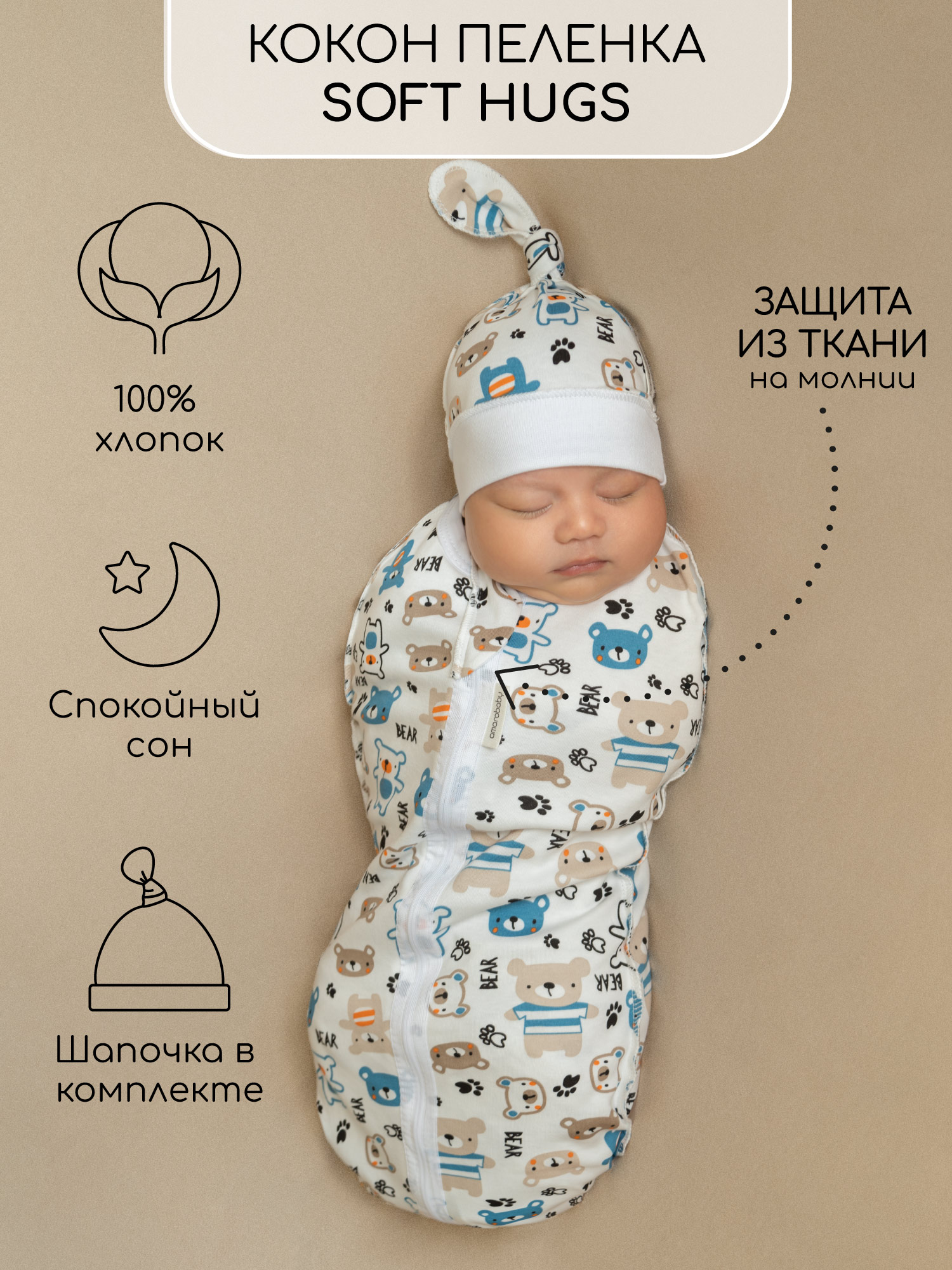 Пеленка кокон на молнии с шапочкой Amarobaby Soft Hugs 68/74 Мишки