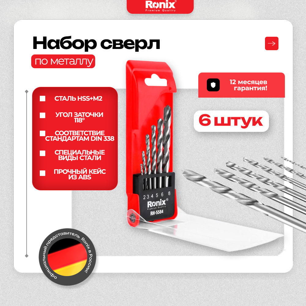 

Набор сверл по металлу RONIX RH-5584 цилиндрический хвостовик из стали HSS M2+HSS 118°, RH-5586