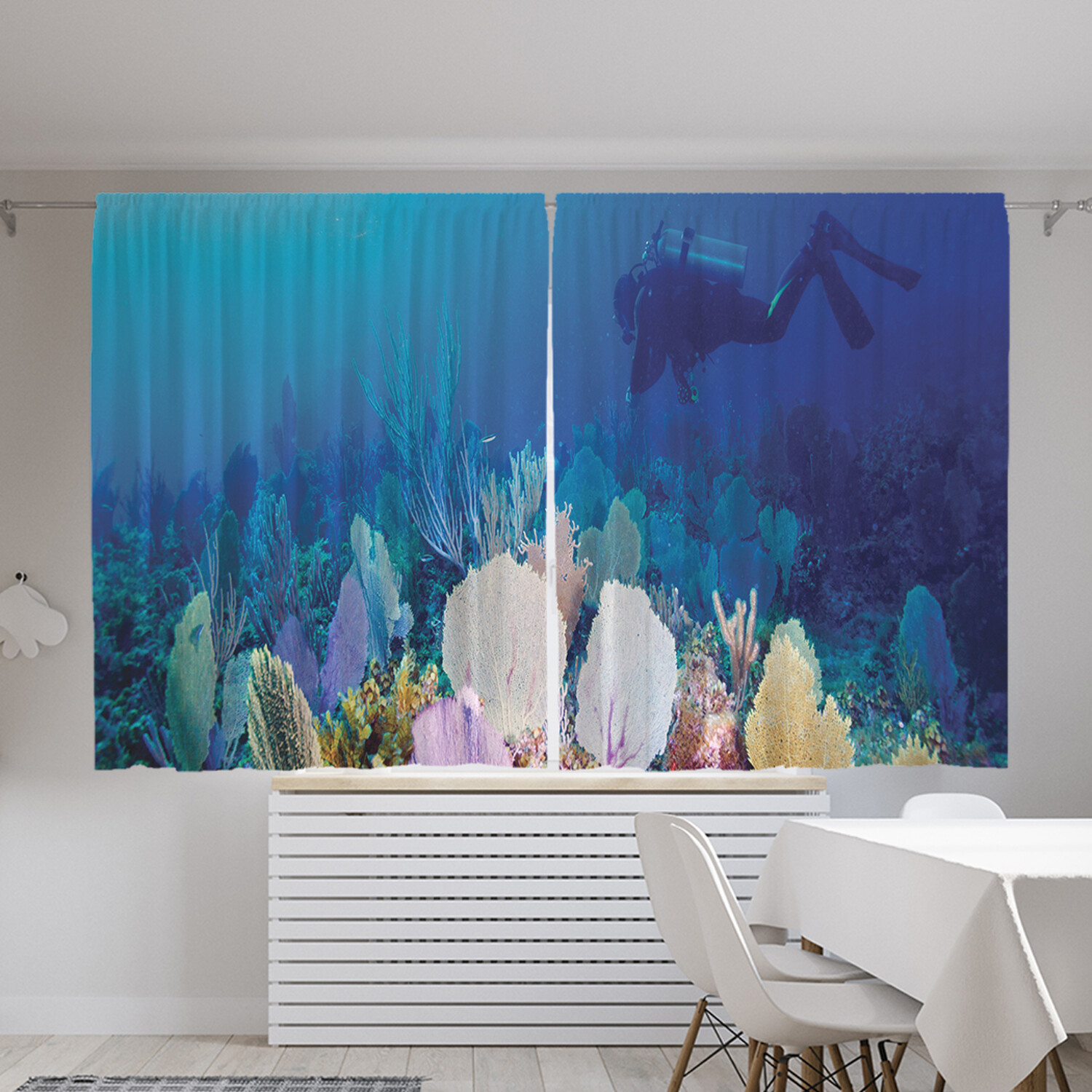 фото Классические шторы joyarty "дайвер на дне океана", oxford delux, 2 полотна 145x180 см