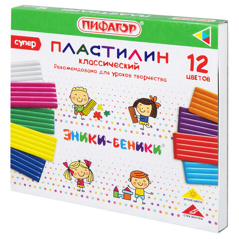 Пластилин классический ПИФАГОР ЭНИКИ-БЕНИКИ СУПЕР 12 цветов 240 грамм стек 106429 (2шт) пластилин классический пифагор эники беники 10 ов 200 г со стеком 100972