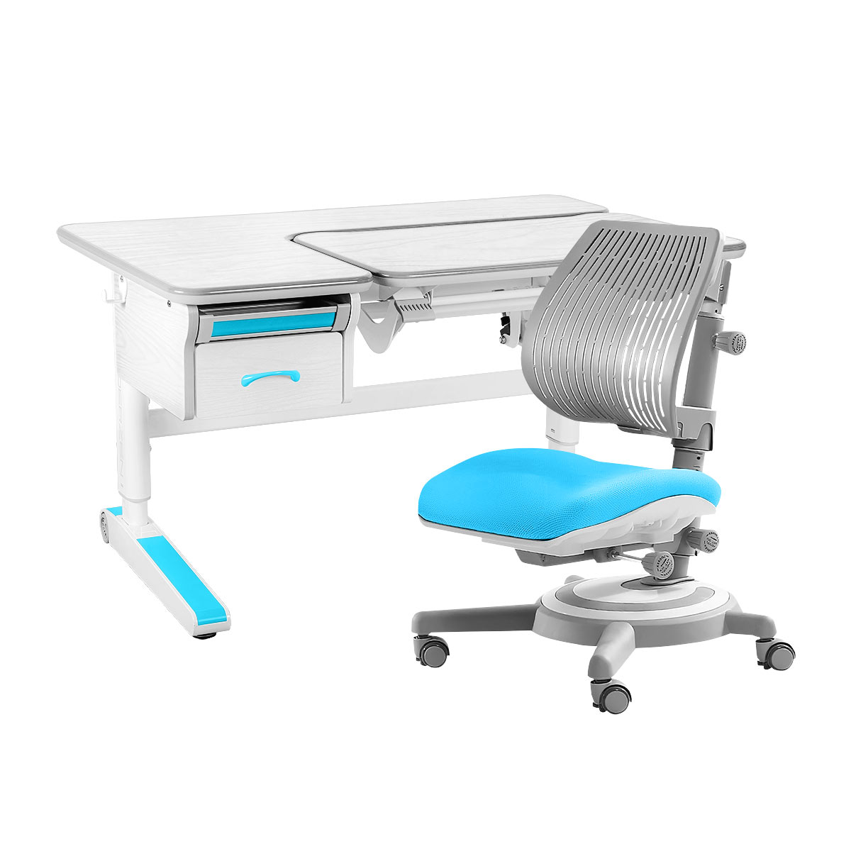 Комплект Kinderzen Tronica парта + кресло + выдвижной ящик белый дуб с голубым креслом Erg