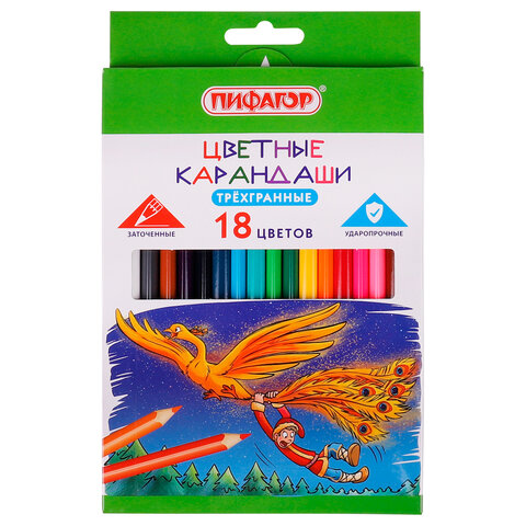 

Карандаши цветные ПИФАГОР Сказки, 18 цветов, классические, заточенные, 181822, (2шт.), Разноцветные