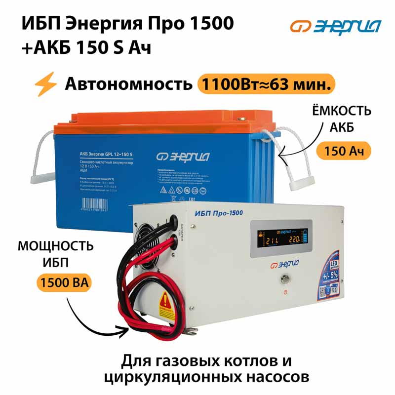 ИБП Энергия Про 1500 + Аккумулятор S 150 Ач (1100Вт - 63мин)