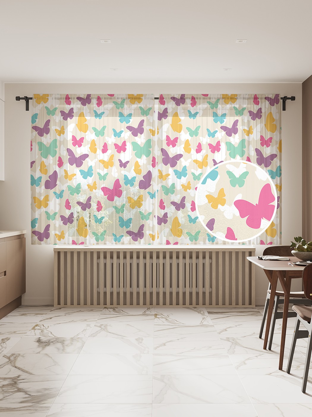 

Фототюль JoyArty "Цветные мотыльки", 145x180 см (2 полотна со шторной лентой + 50 крючков), Цветные мотыльки