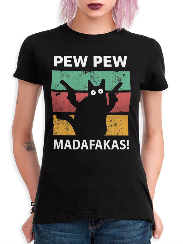 фото Футболка женская dream shirts котик - pew pew madafakas черная 2xl