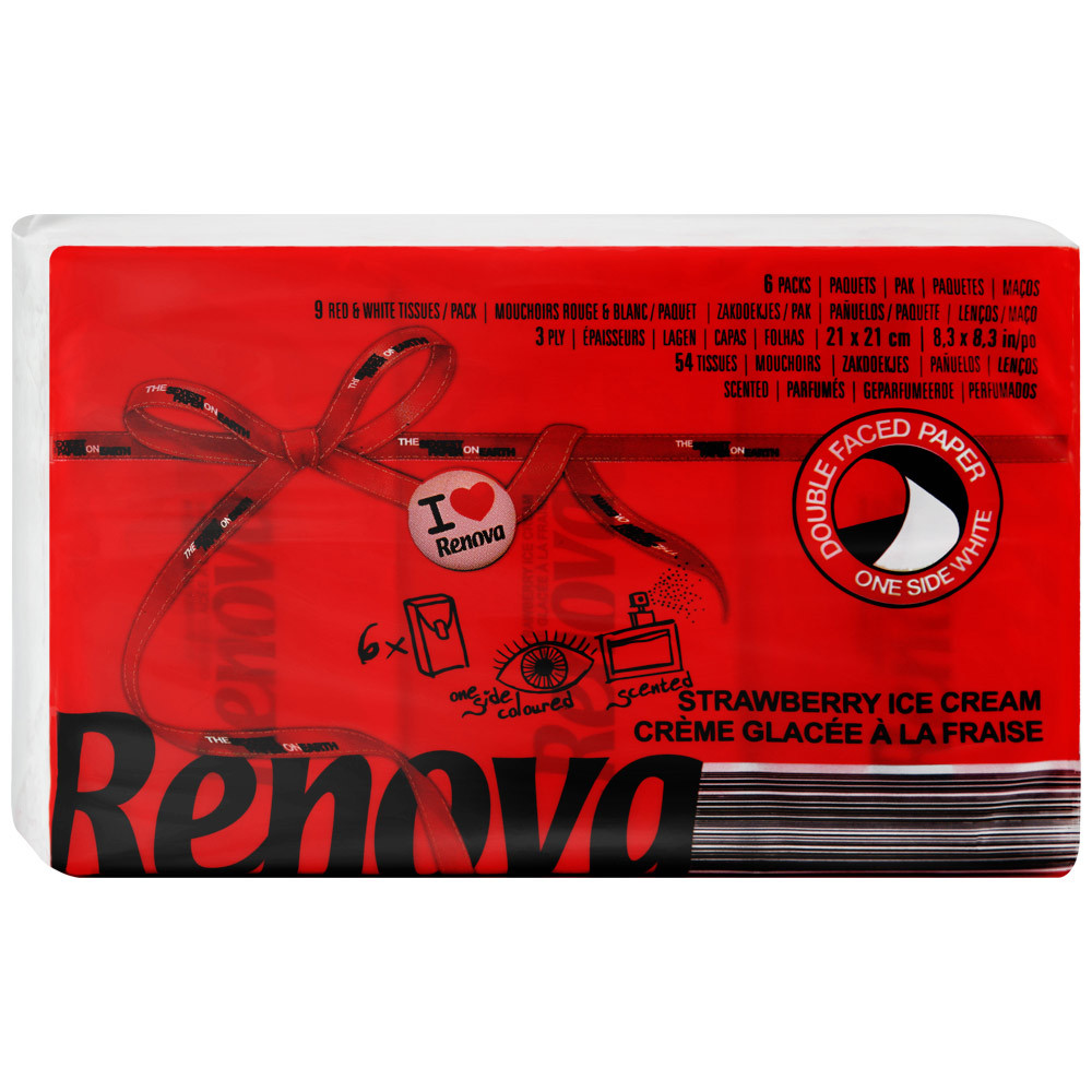 

Платочки бумажные Renova Red Label Red с ароматом клубники 3-слойные 6 штук