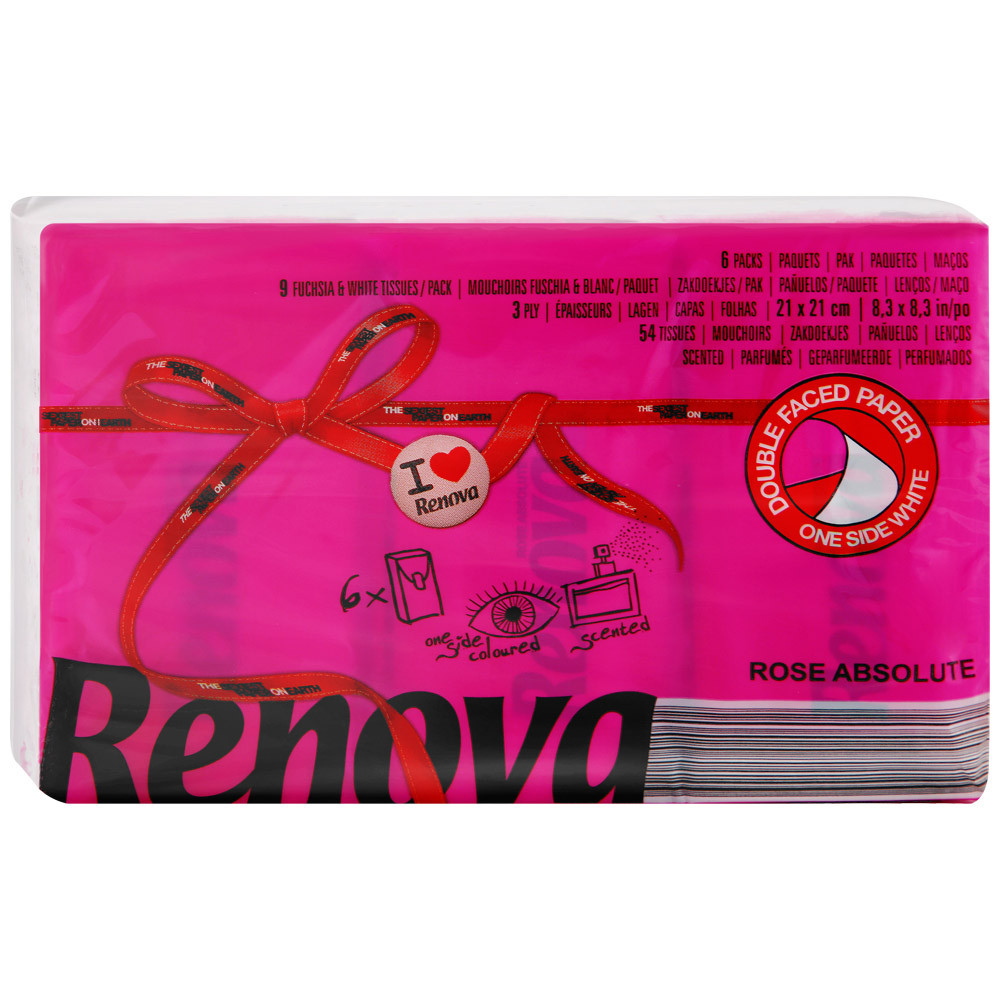 

Платочки бумажные Renova Red Label Fucsia с ароматом розы 3-слойные 6 штук