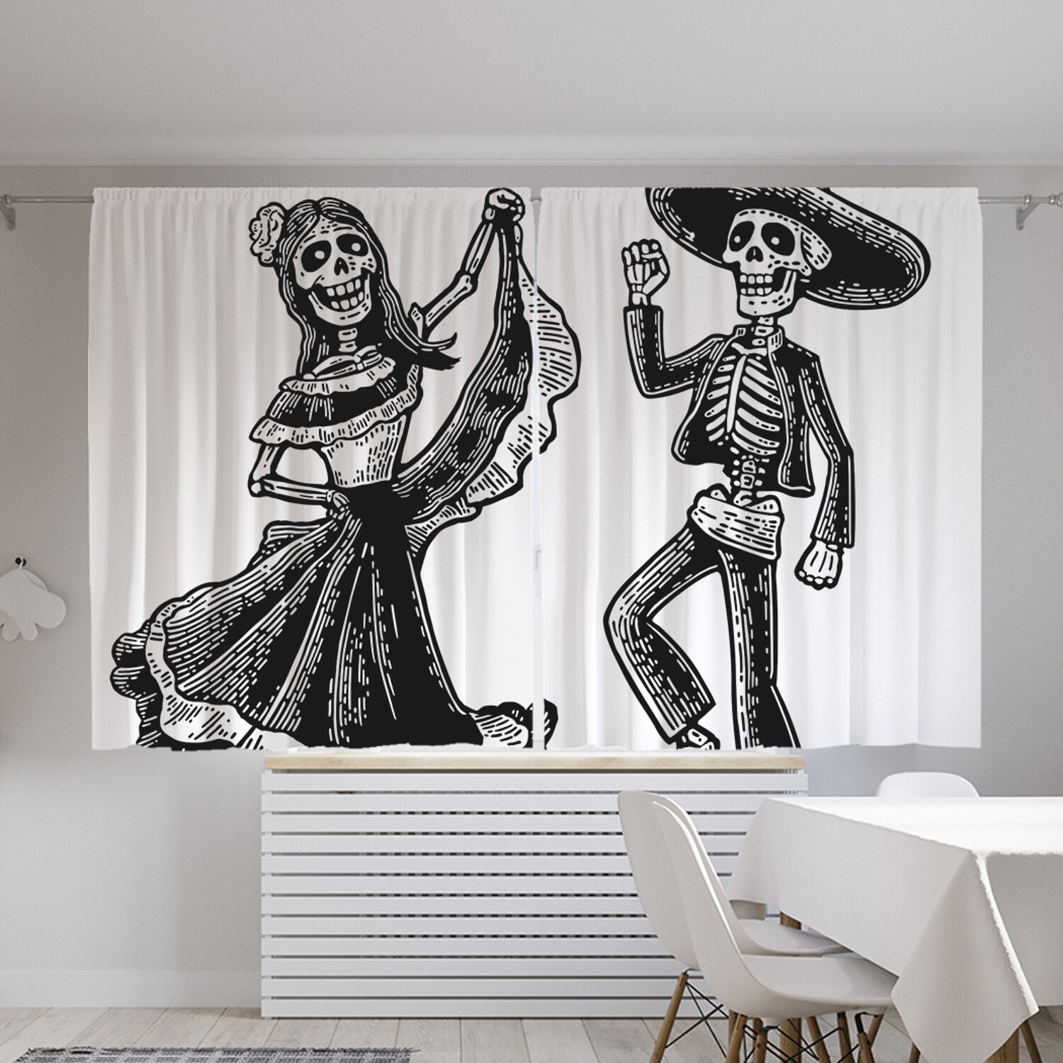 фото Классические шторы joyarty "мексиканские танцы скелетов", oxford delux, 2шт 145x180 см