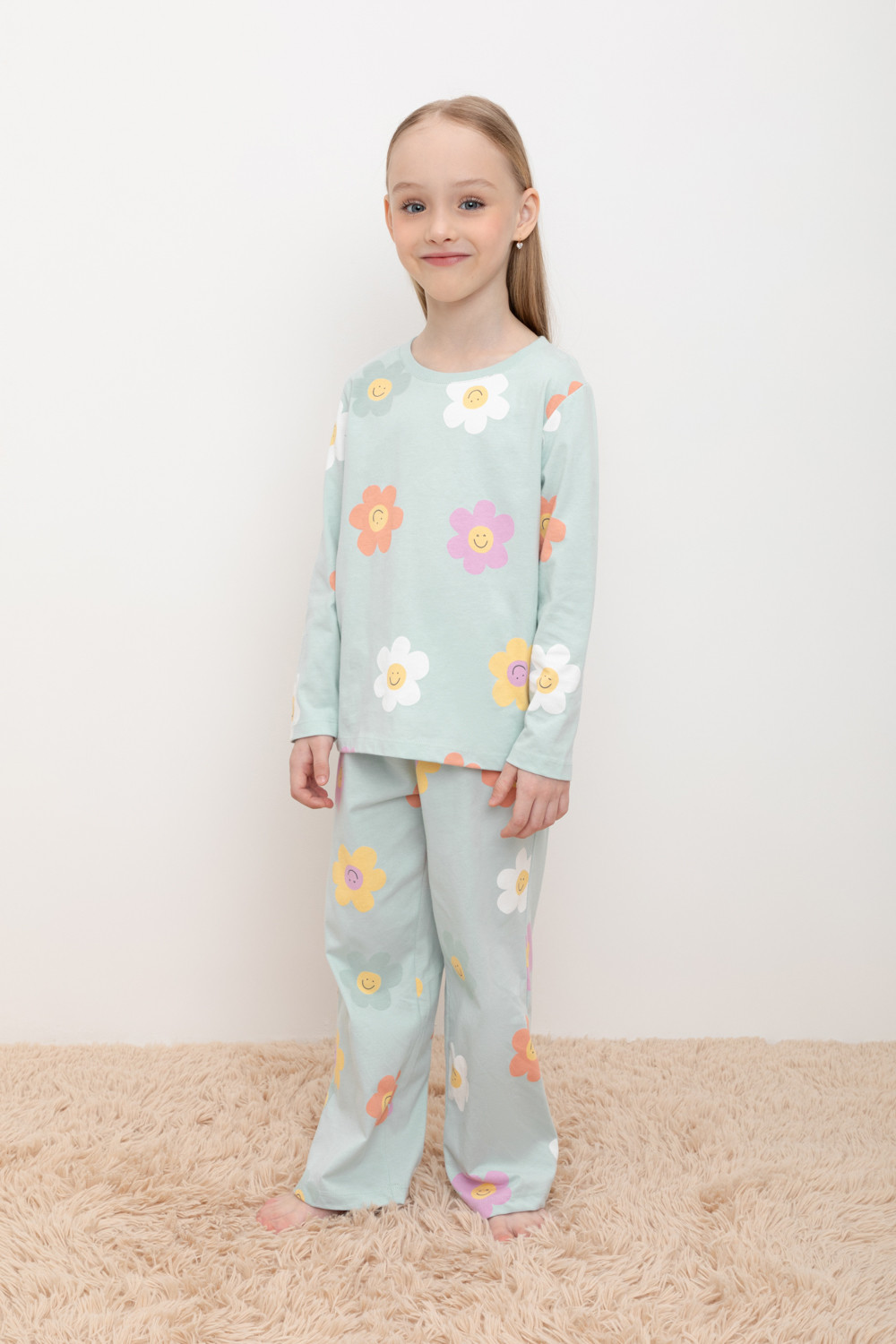 Пижама детская CROCKID МК 1512, М 3055-5, голубой опал, цветы, 146