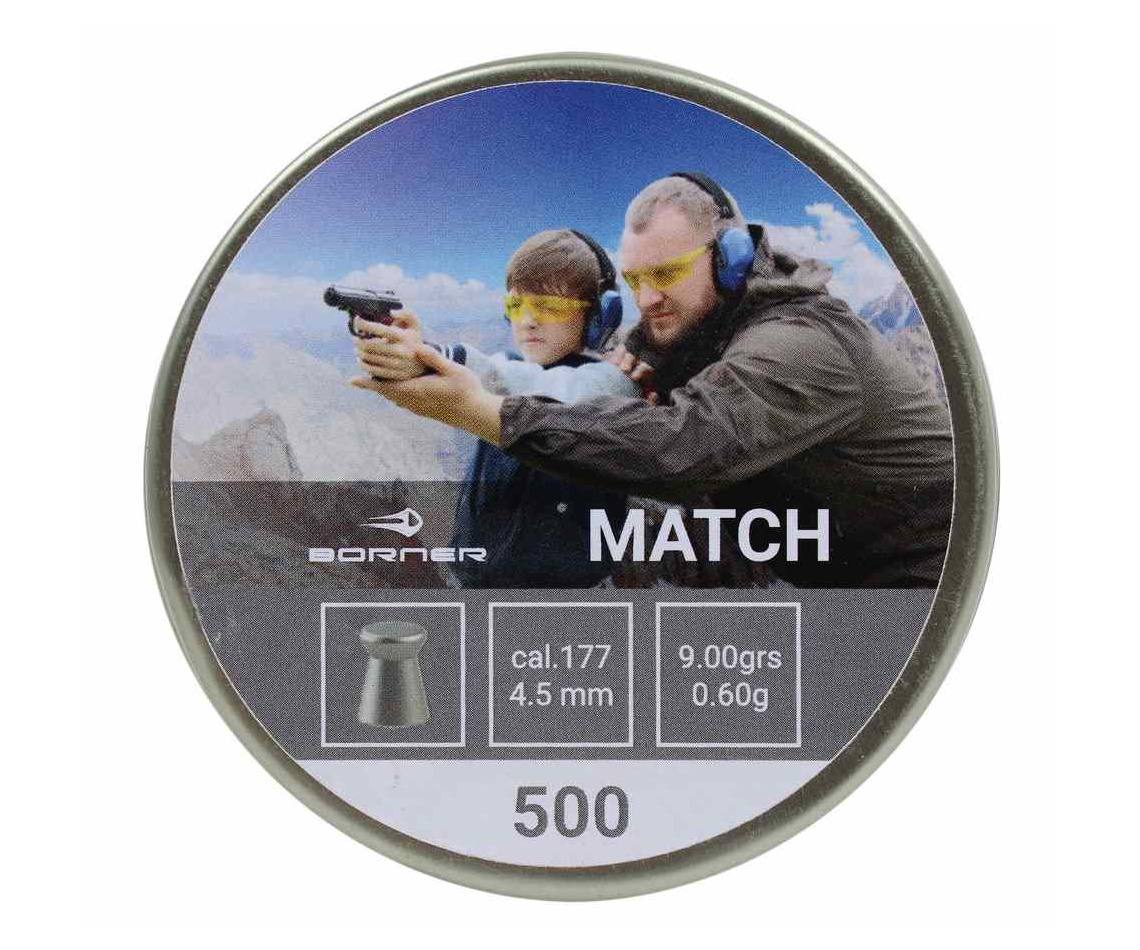 

Пули Borner Match 4,5 мм, 0,60 г (500 штук), Серебристый, Match