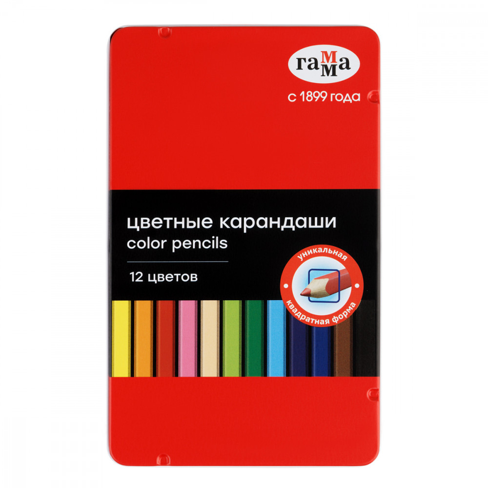 

Карандаши цветные Гамма, 12цв, квадратные, заточен., метал. пенал, Разноцветные