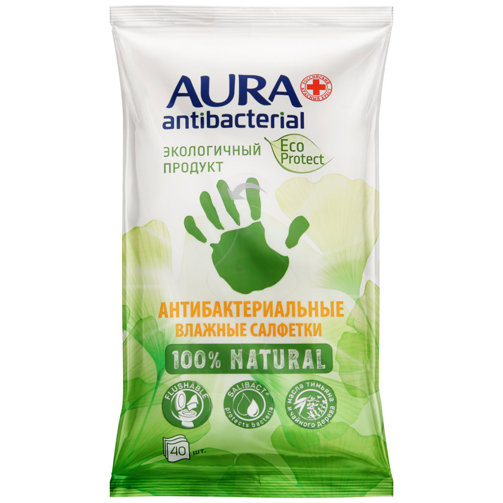 фото Влажные салфетки aura eco protect flushable антибактериальные big-pack 40 штук