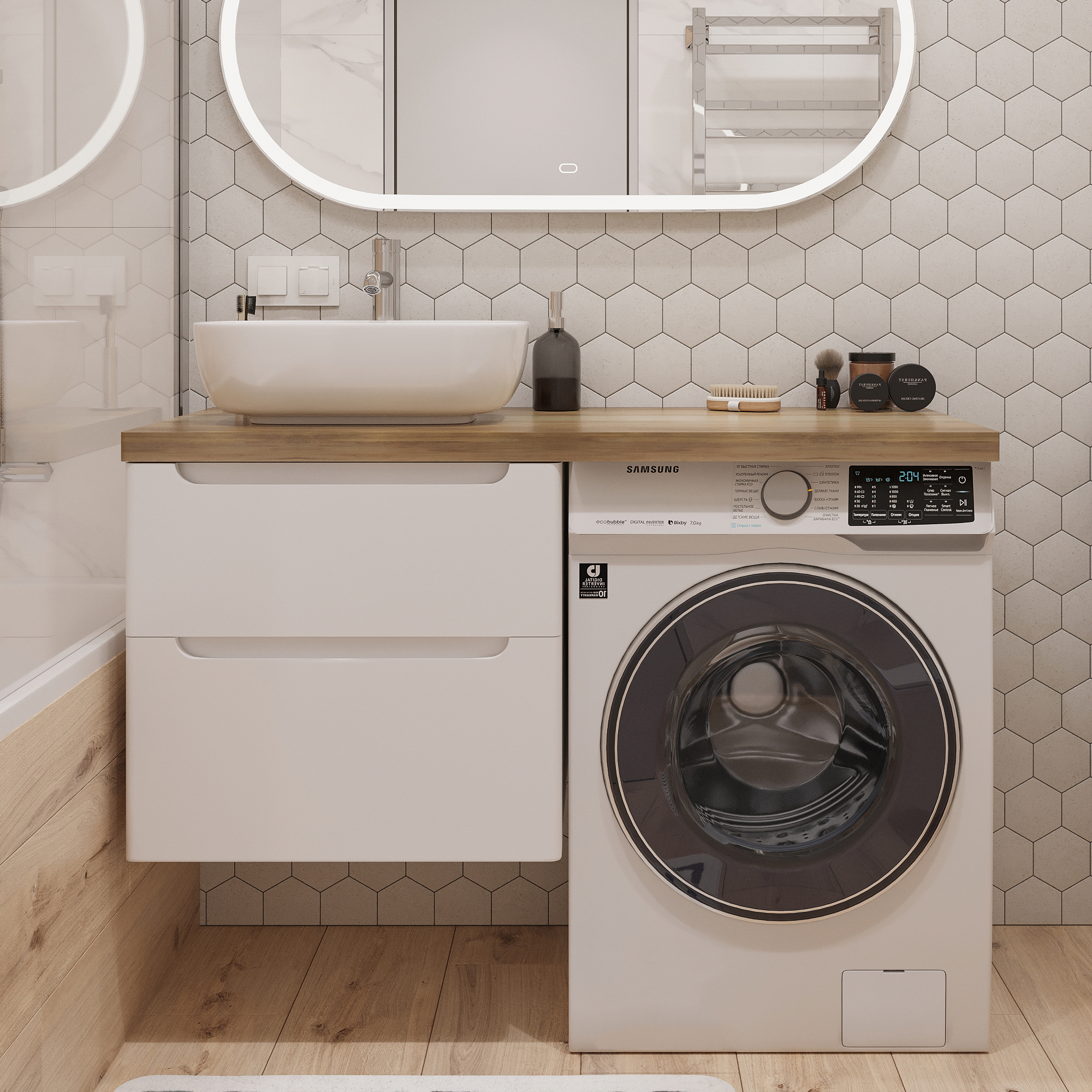 фото Тумба с раковиной stworki берген 60 белая со светлой столешницей 122, moduo 50 square, r