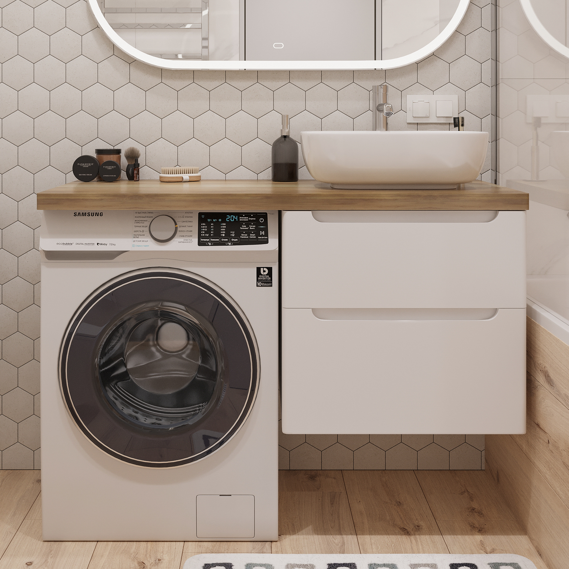 фото Тумба с раковиной stworki берген 60 белая со светлой столешницей 122, moduo 50 square, l