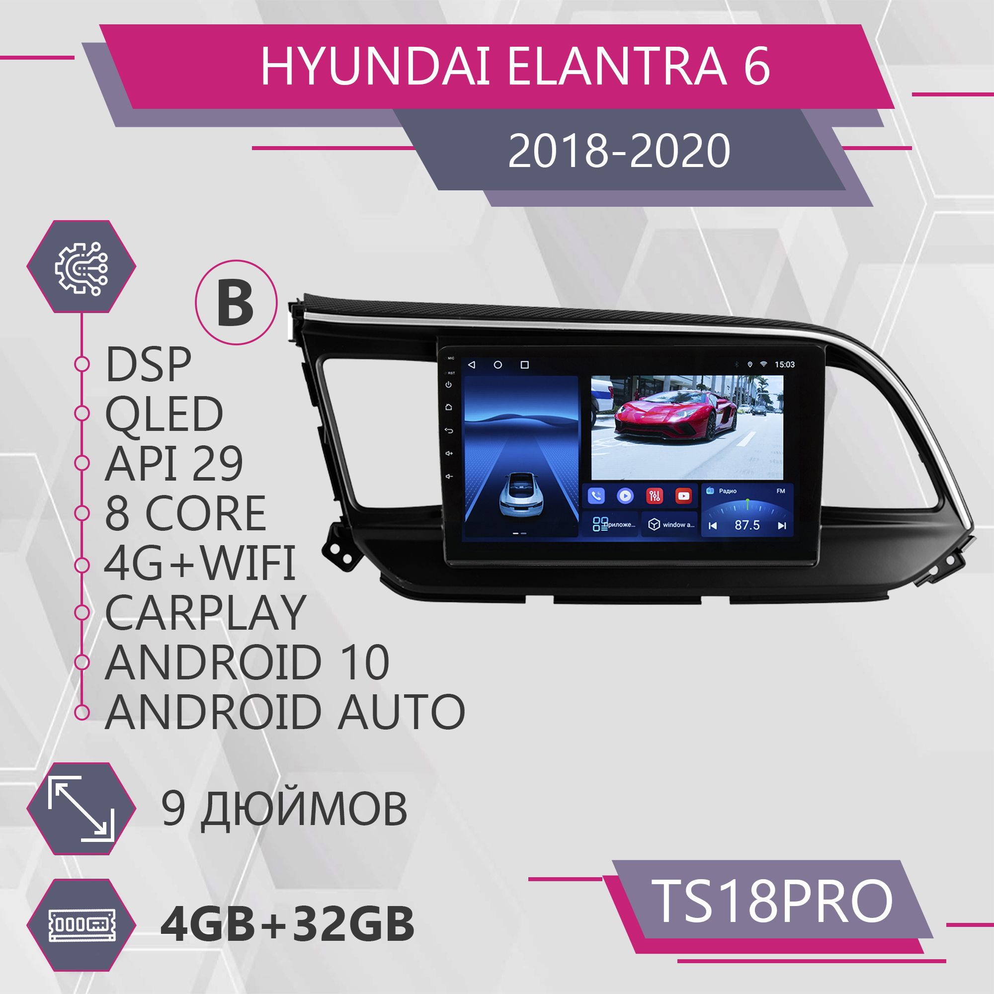 Магнитола Точка Звука TS18Pro для Hyundai Elantra 6/ Хендай Элантра комплект В 4+32GB