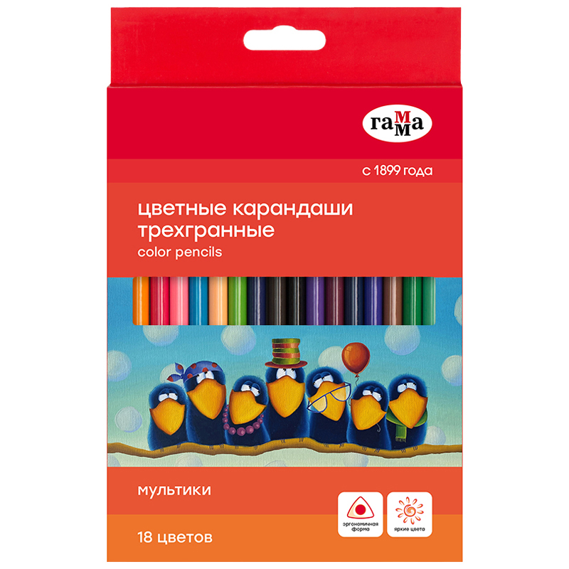 

Карандаши цветные Гамма Мультики, 18цв., трехгранные, заточеные, Разноцветные