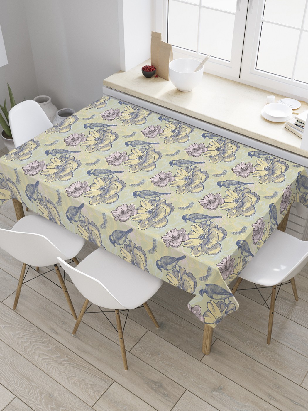 

Скатерть прямоугольная JoyArty "Птица на цветке" из сатена, 180x145 см, Серый, Птица на цветке