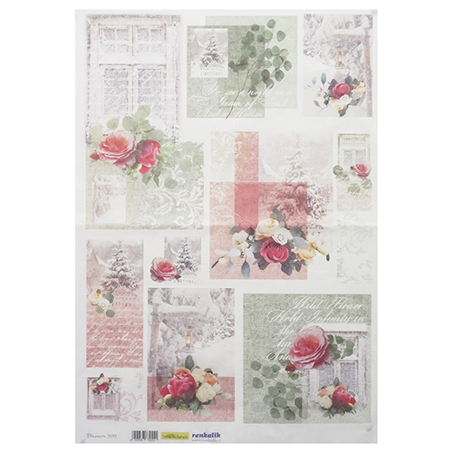 

QSIPR308 Декупажная бумага рисовая 'Цветы', плотность 25г/кв.м, 35х50см Renkalik