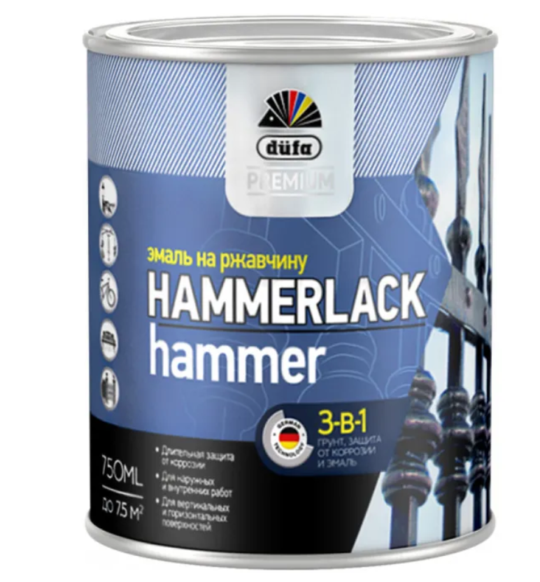 фото Эмаль на ржавчину dufa premium hammerlack 3-в-1 гладкая ral 9006 серебристая 0,75 л.