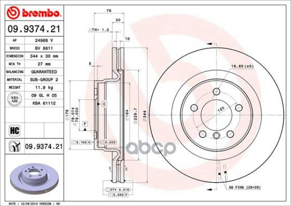 

Диск Тормозной Передний Brembo арт. 09.9374.21