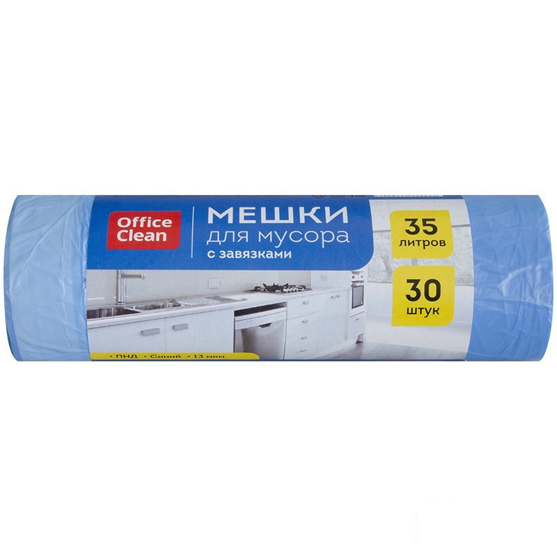 Пакеты для мусора 35л, OfficeClean (48x52см, 13мкм, синие) ПНД, 30шт, с завязками 27 уп