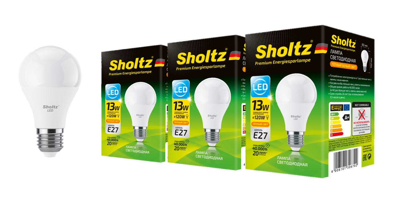 

Комплект из 3 светодиодных лама Sholtz груша 13Вт E27 2700К А60 220-240В пластик, LEB3067