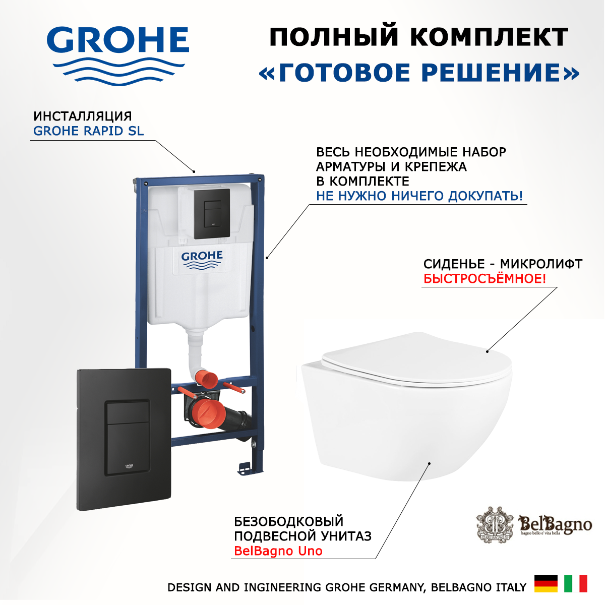 

Комплект: инсталляция Grohe Rapid SL + унитаз Uno + кнопка черная, 530598