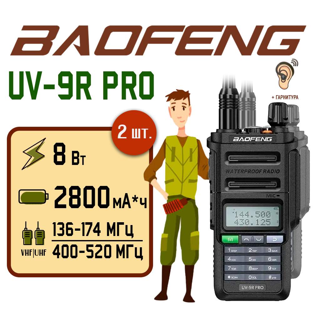 

Портативная радиостанция Baofeng UV-9R PRO 8 Вт / Черная комплект 2 шт / UHF; VHF, Черный, UV-9R PRO