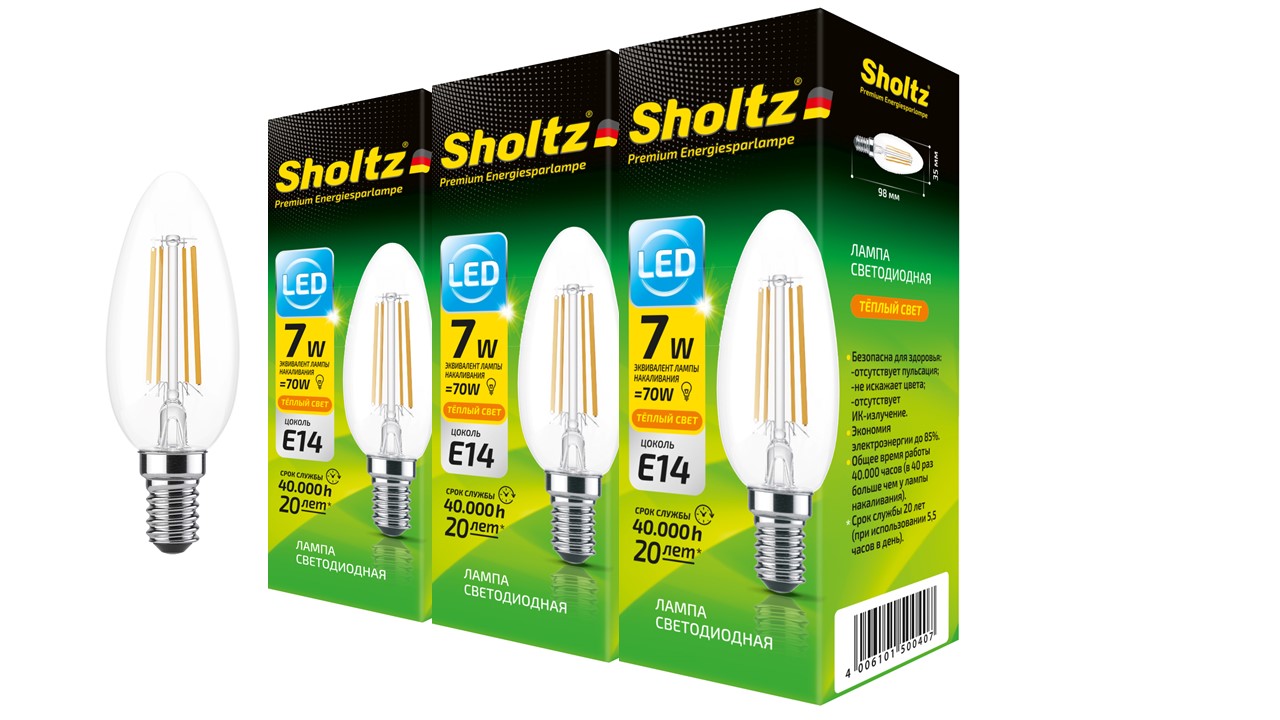 

Комплект из 3 светодиодных филаментных ламп Sholtz свеча 7Вт E14 2700К C37 220-240В стекло, FOC5004