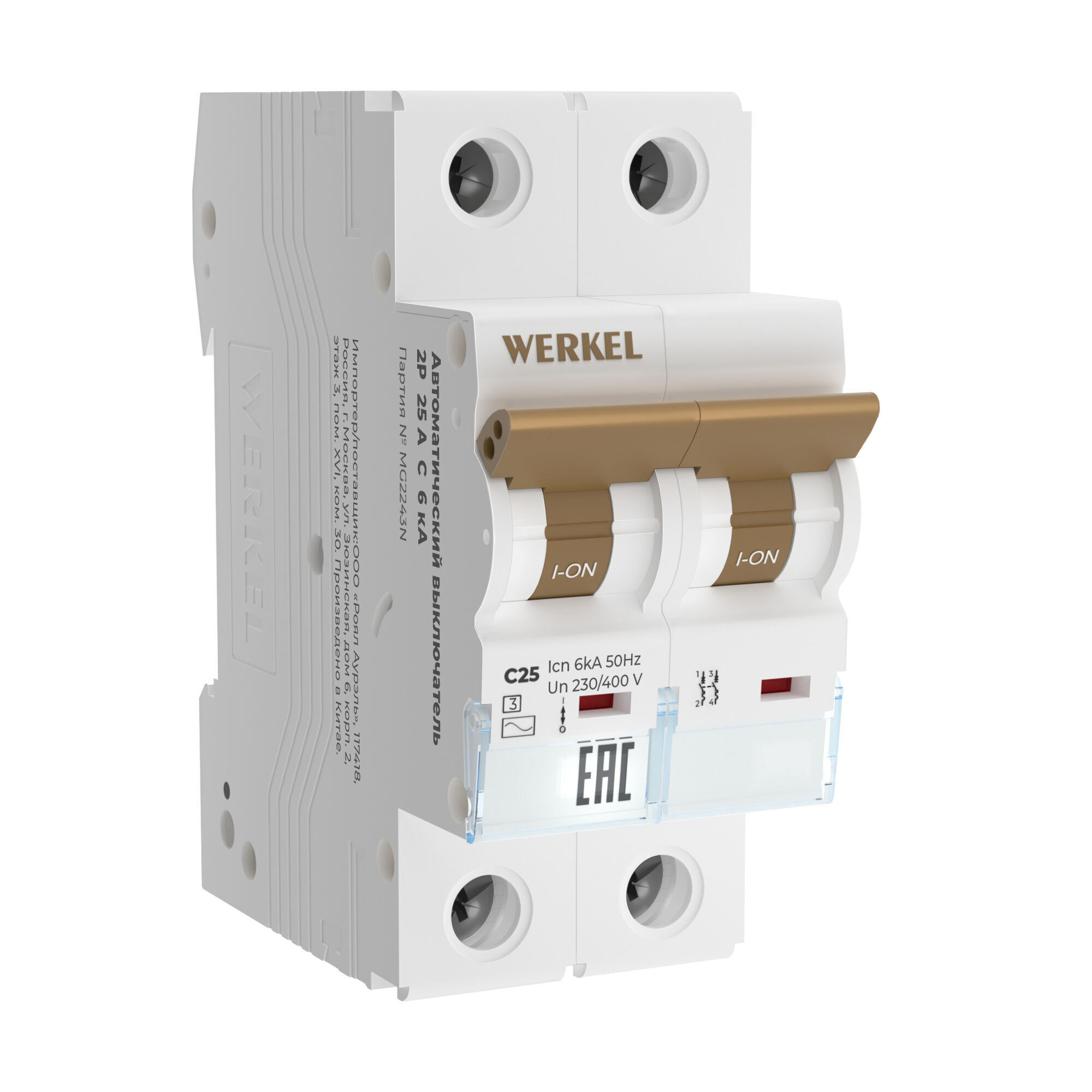Автоматический двухполюсный выключатель Werkel W902P256 2P 25 A C 6 кА тип C 50 Гц
