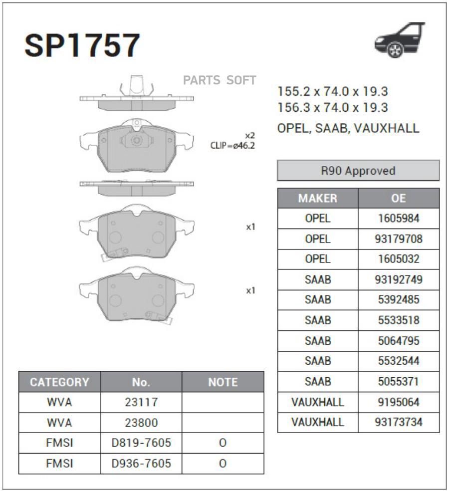 

Колодки дисковые передние \ SAAB 9-3 2.0-2.2TiD 98-02/ 9-5 all 97> HI-Q SP1757, SP1757