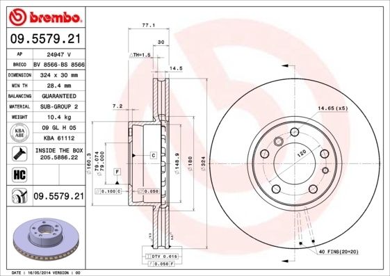 

Тормозной диск brembo передний вентилируемый 324x30 мм 5 отверстий 9557921