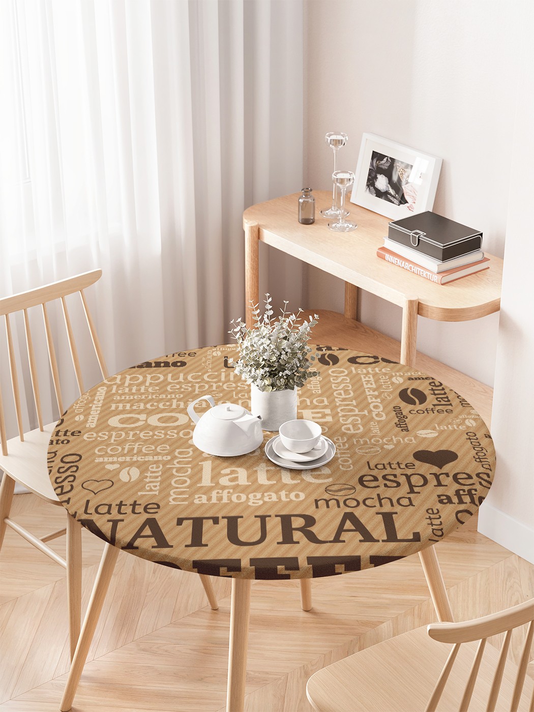 

Круглая кухонная скатерть на резинке JoyArty, на круглый стол диаметром 75-100 см., Коричневый, Завтрак с кофе