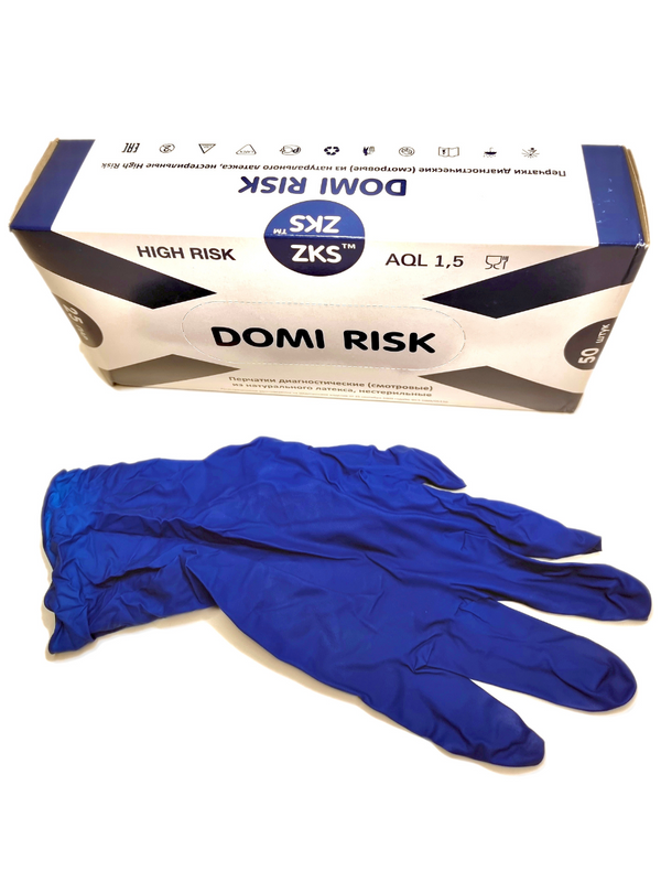 

Перчатки одноразовые DOMI RISK из натурального латекса синие р. XL 100 шт.