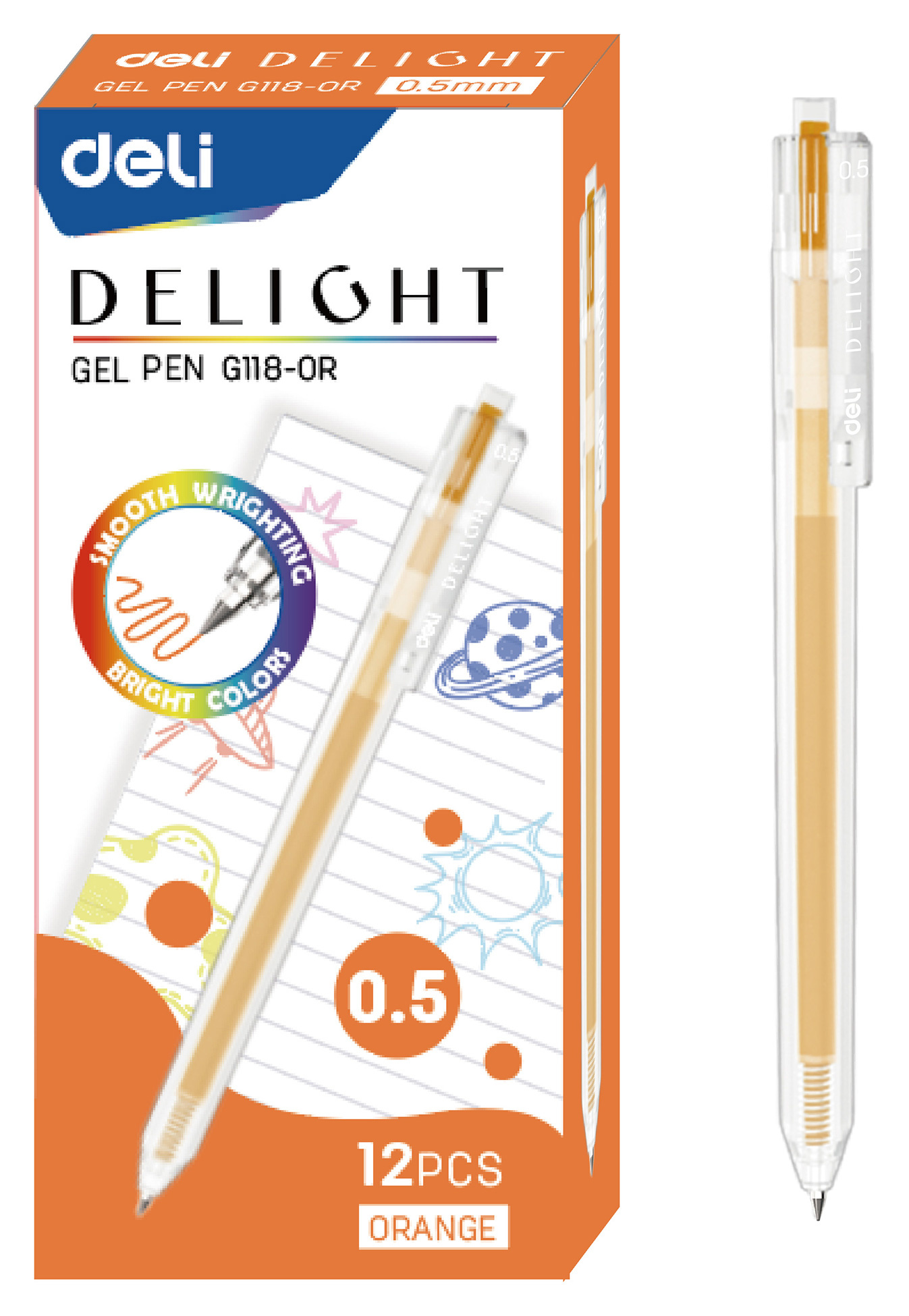 

Ручка гелев. Deli Delight EG118-OR прозрачный оран. черн. линия 0.5мм