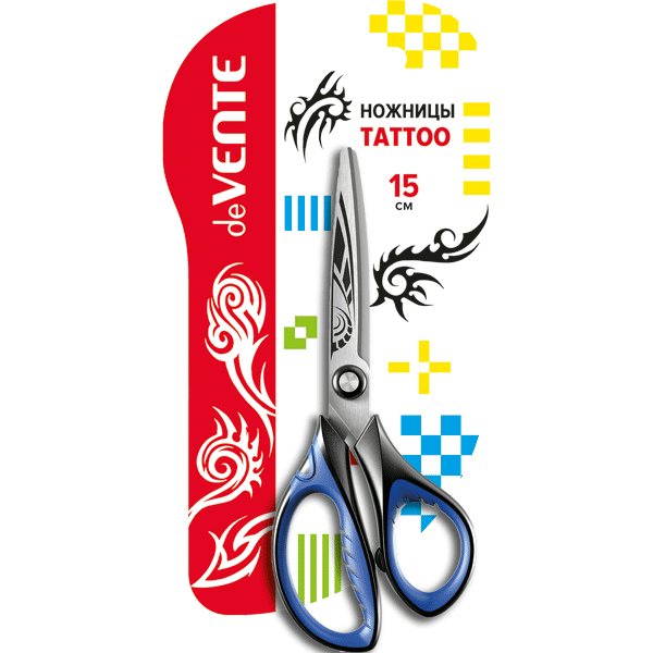 Ножницы канцелярские deVENTE 15см Tattoo прорезиненные ручки гравировка на лезвиях блистер