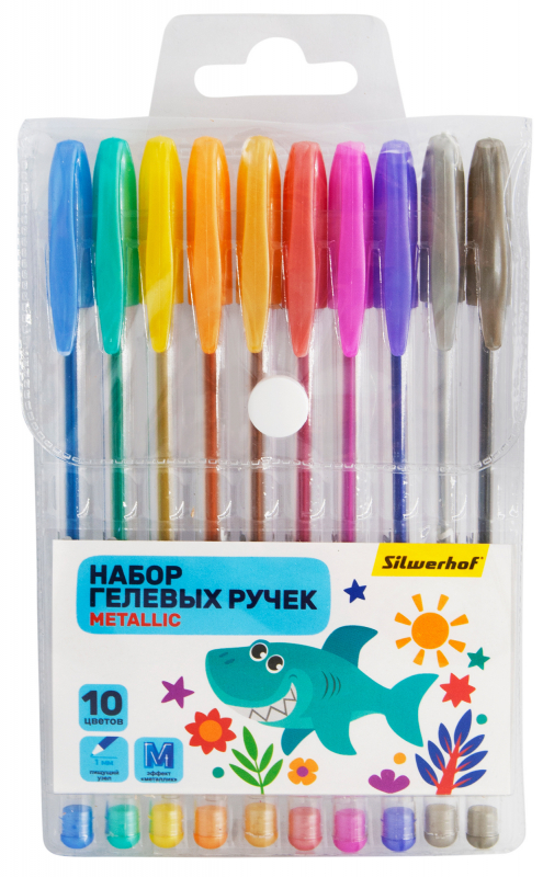

Набор ручек гелев. Silwerhof Веселые друзья Metallic d=1.0мм блистер (10шт) 10цв.