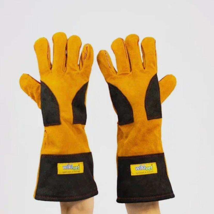Ветеринарные защитные перчатки Wikivet, короткие, желтые, спилок, 40х14 см
