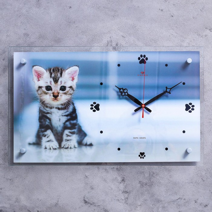 фото Часы настенные котенок 60х35 см, аа, плавный ход рубин
