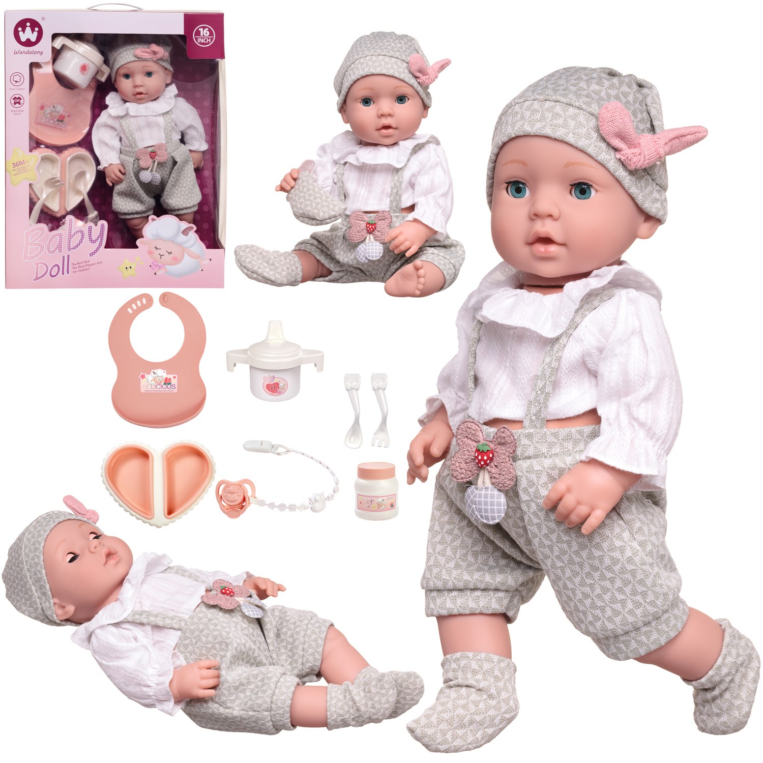 Игровой набор Junfa Пупс-кукла 40 см в бело-серой одежде и игровые предметы junfa кукла пупс в корзинке с аксессуарами